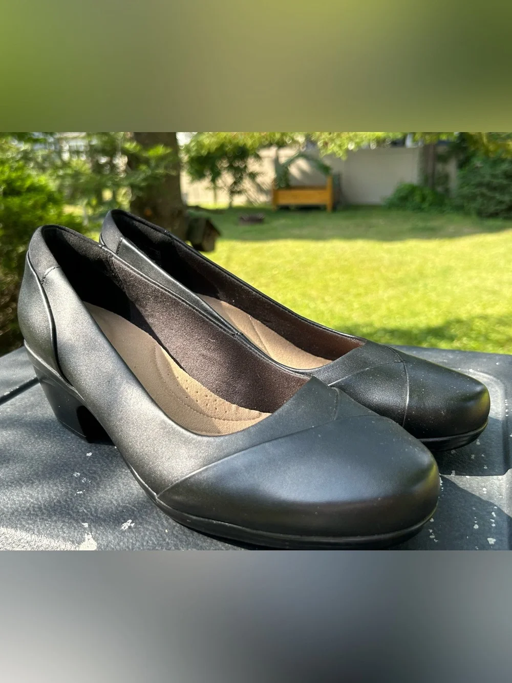 Clarks Shoes Emily Alexa Black Block Heel Pumps Leather Comfort Dress Size 11